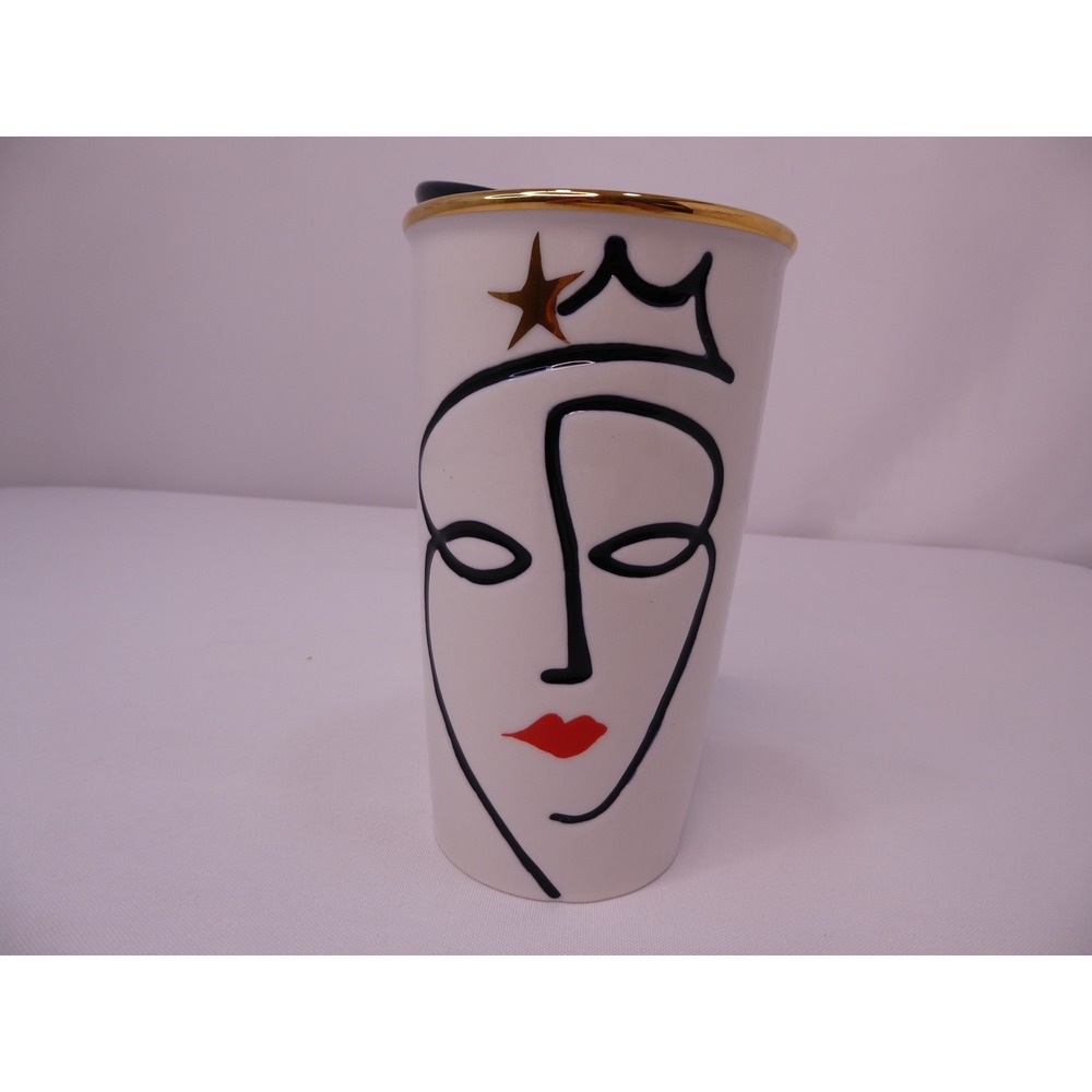 Starbucks 2015 Siren Line Art Ceramic Travel Tumbler Mug Gold Rim 10oz